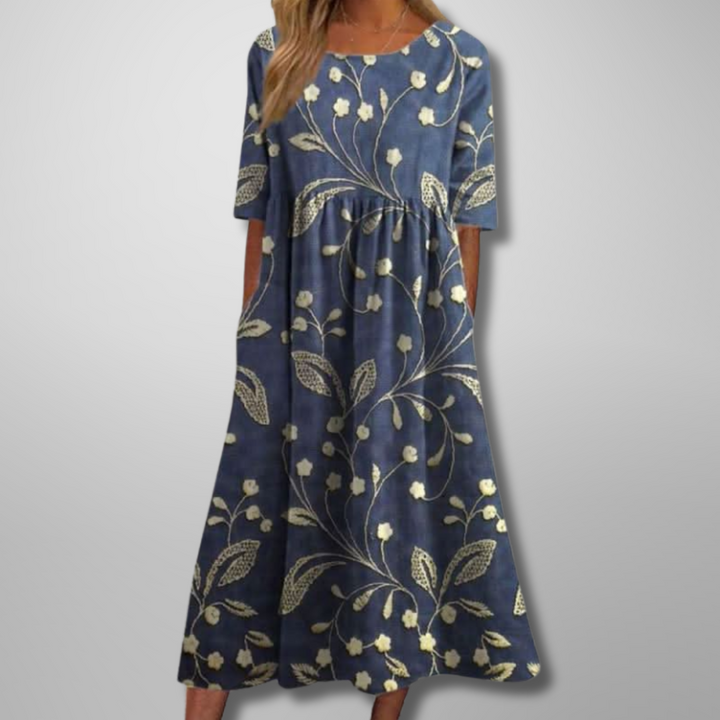 Women's relaxed fit floral midi dress, perfect for effortless spring & summer casual style.