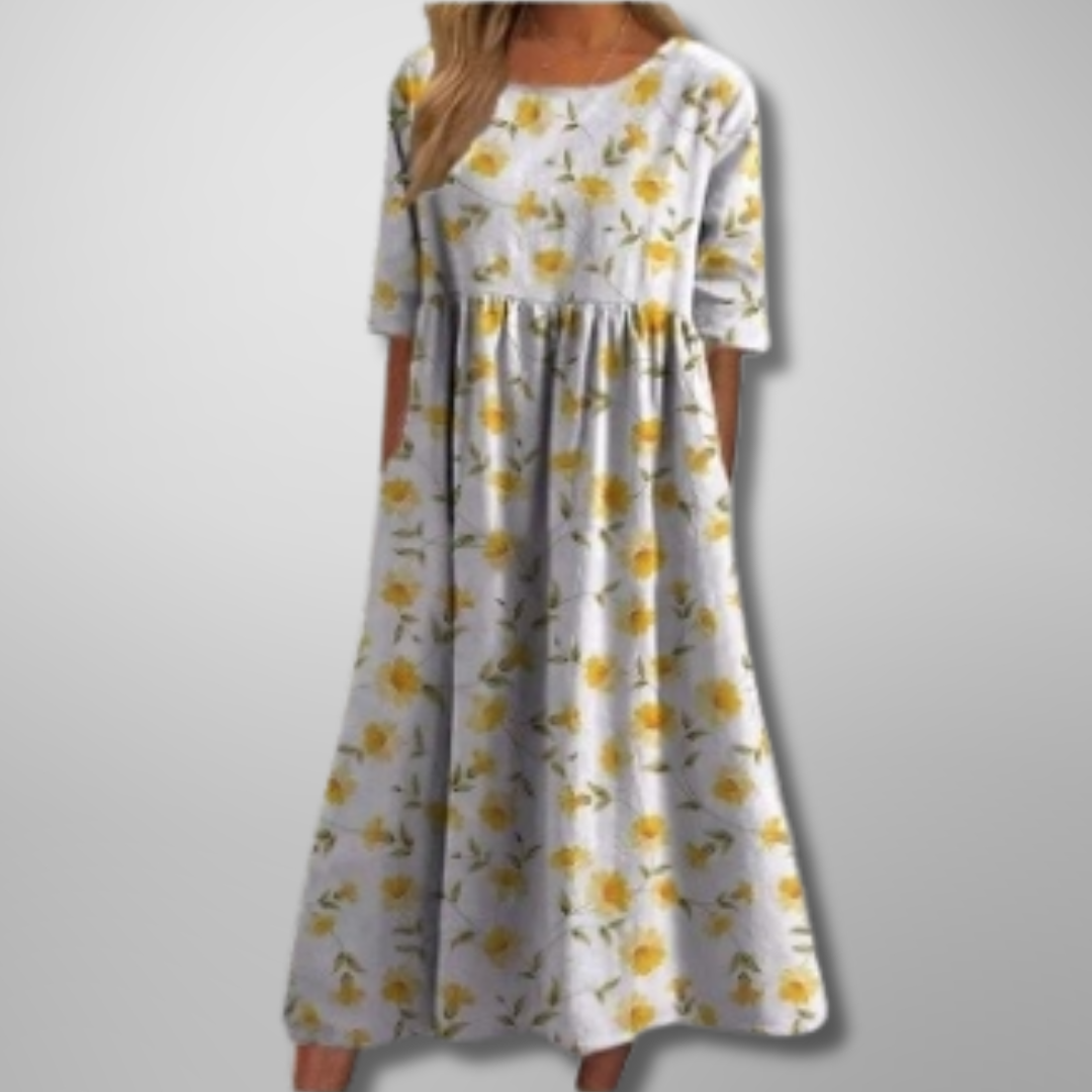 Chic women's relaxed floral midi dress, great for spring parties or elegant summer brunches.