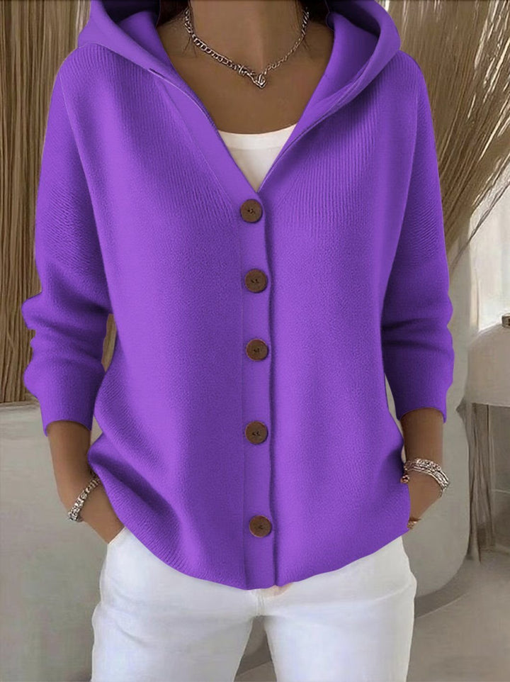 Versatile women's hooded button-front cardigan, relaxed knit sweater perfect for casual everyday fashion.