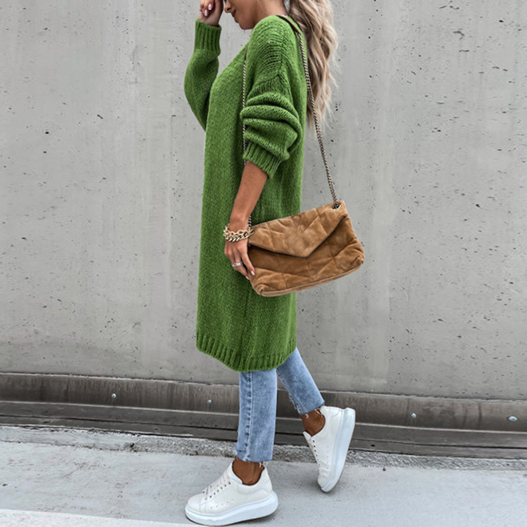 Soft knit women's long cardigan, relaxed fit with an open front, ideal for layering