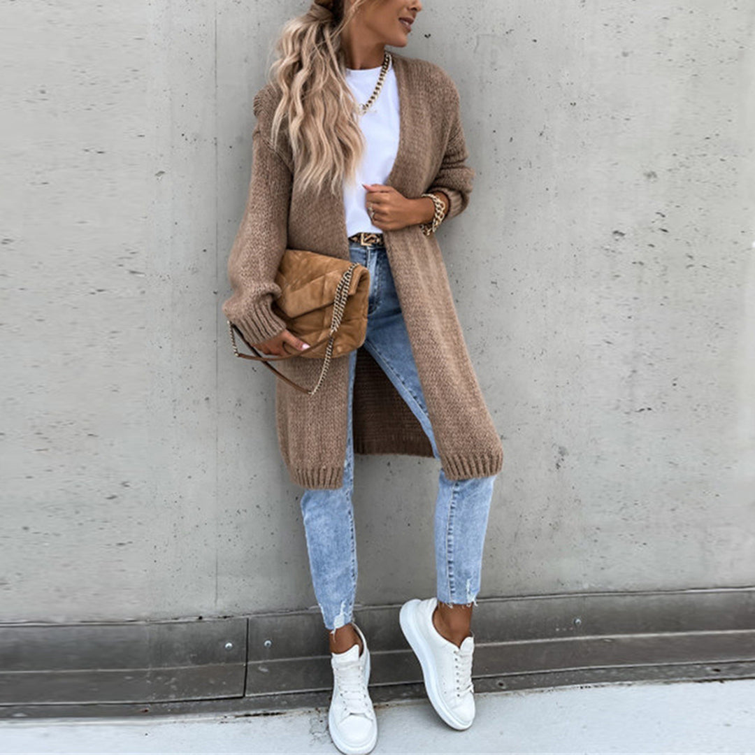 Black relaxed fit open front long cardigan for women, comfortable and fashionable outerwear