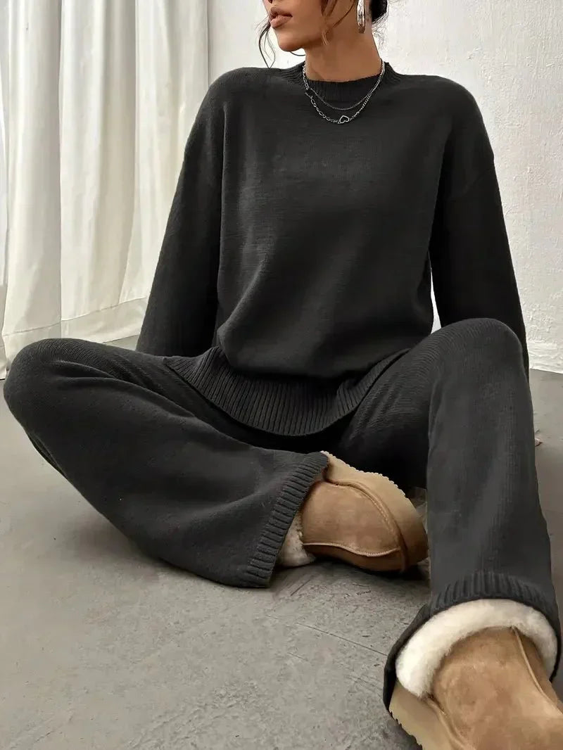 Model wearing a women's relaxed fit two-piece spring set, showcasing its comfortable fit