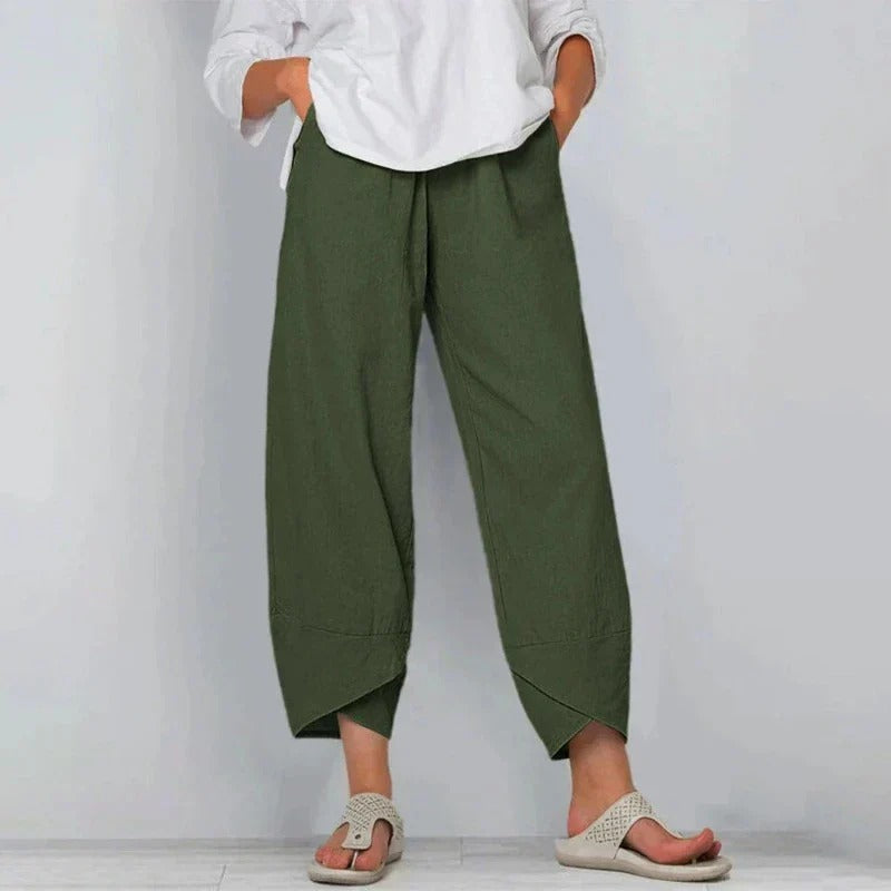 Effortless navy blue women's relaxed fit trousers, perfect for summer casual wear and comfort.