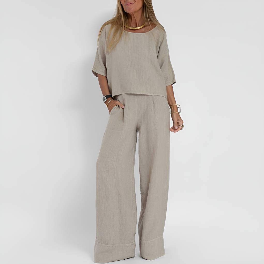 Women's relaxed fit two-piece loungewear set with wide-leg pants. Comfortable, breathable, perfect for summer casual wear.