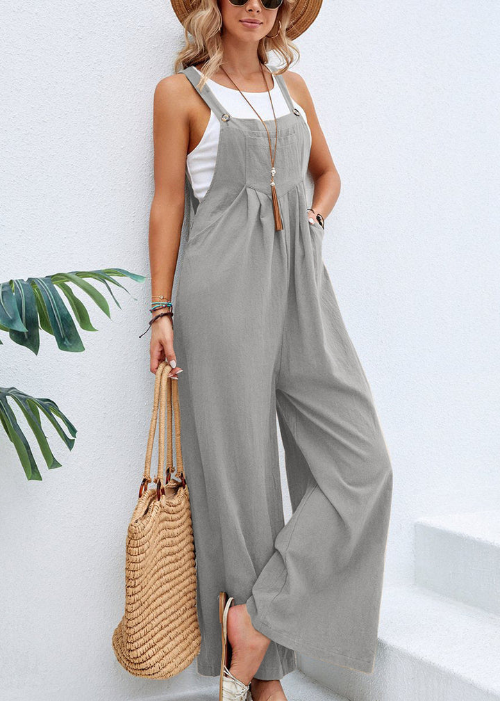 Comfortable women's relaxed wide leg jumpsuit. Casual summer style with adjustable straps & practical pockets.