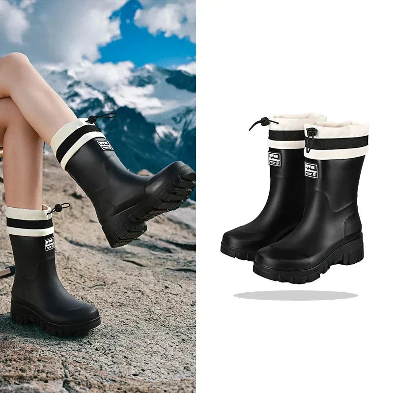 Practical women's retro waterproof rain boots with anti-slip sole, ideal for stylish and safe outdoor autumn walks.