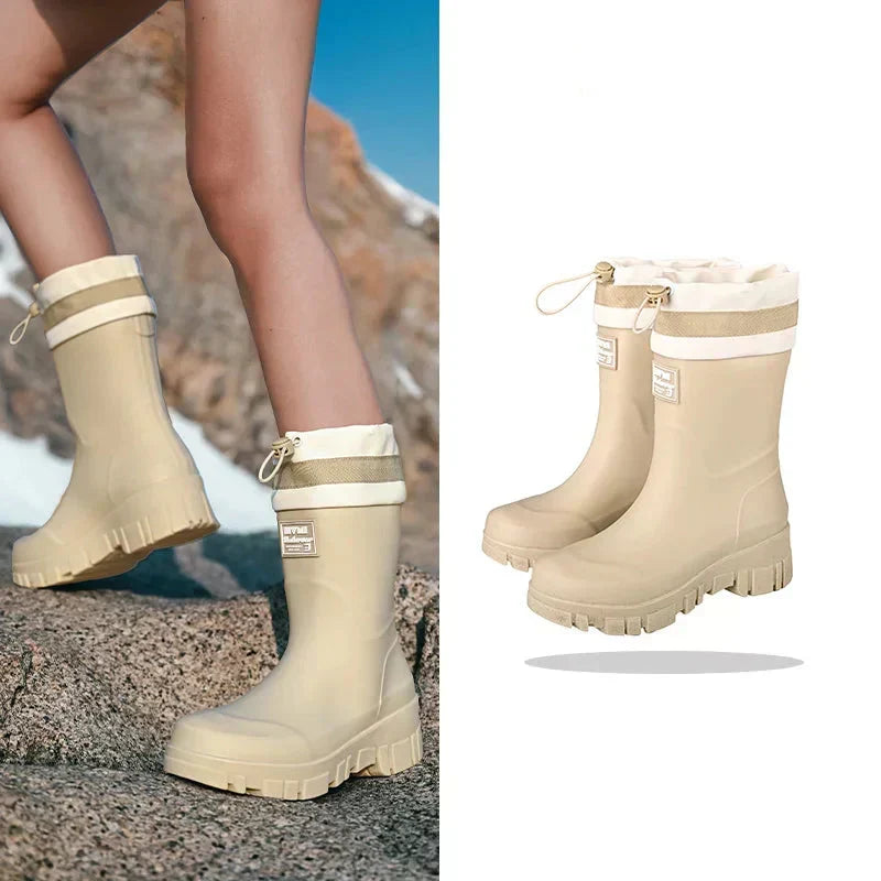 Autumn fashion: Women's retro waterproof rain boots. Anti-slip sole for comfortable & secure wet weather outdoor wear.