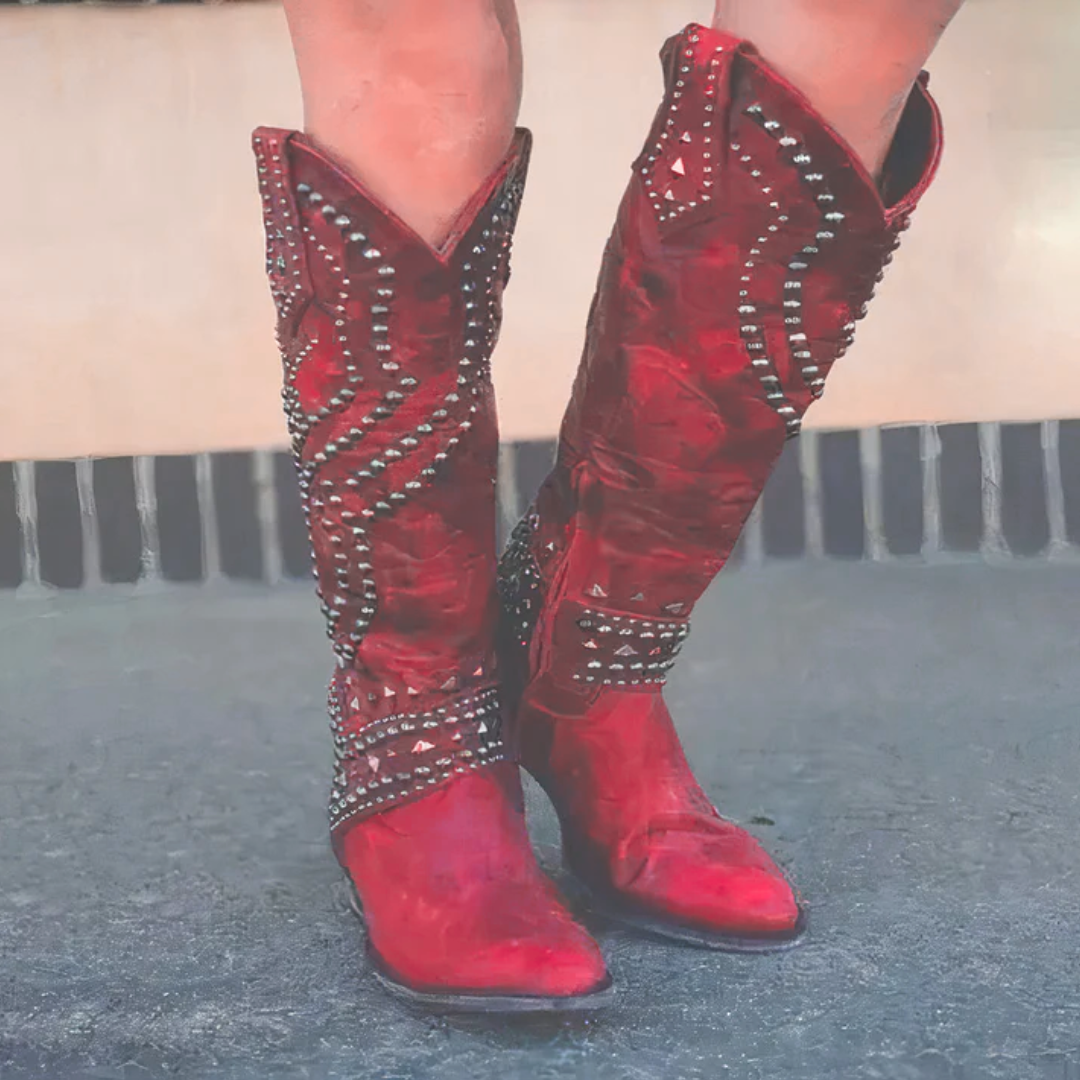 Riloh orthopedic knee-high boots for women, featuring a mid-block heel & comfortable design. Ideal for dress or casual.