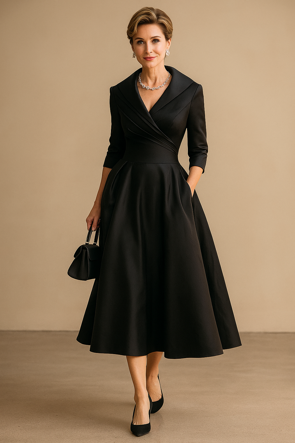 Women's ruched wrap collar A-line midi dress for wedding guests. Elegant formal party occasion wear.