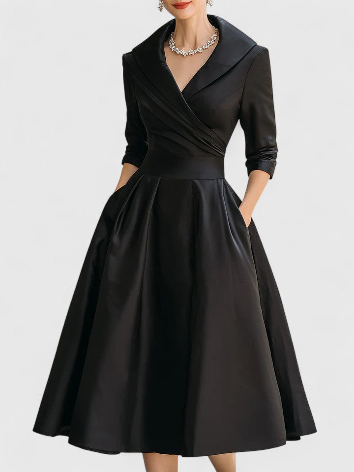 Elegant women's ruched A-line midi dress with stylish wrap collar & three-quarter sleeves. Formal wear.