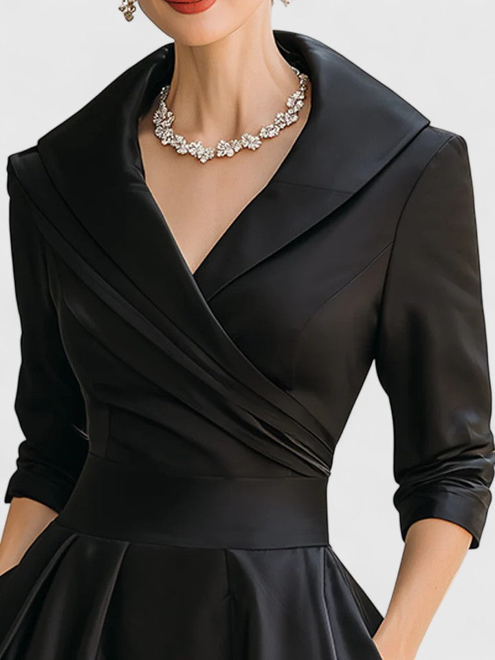 Chic women's wedding guest midi dress. Ruched A-line design, wrap collar. Ideal for parties & formal events.