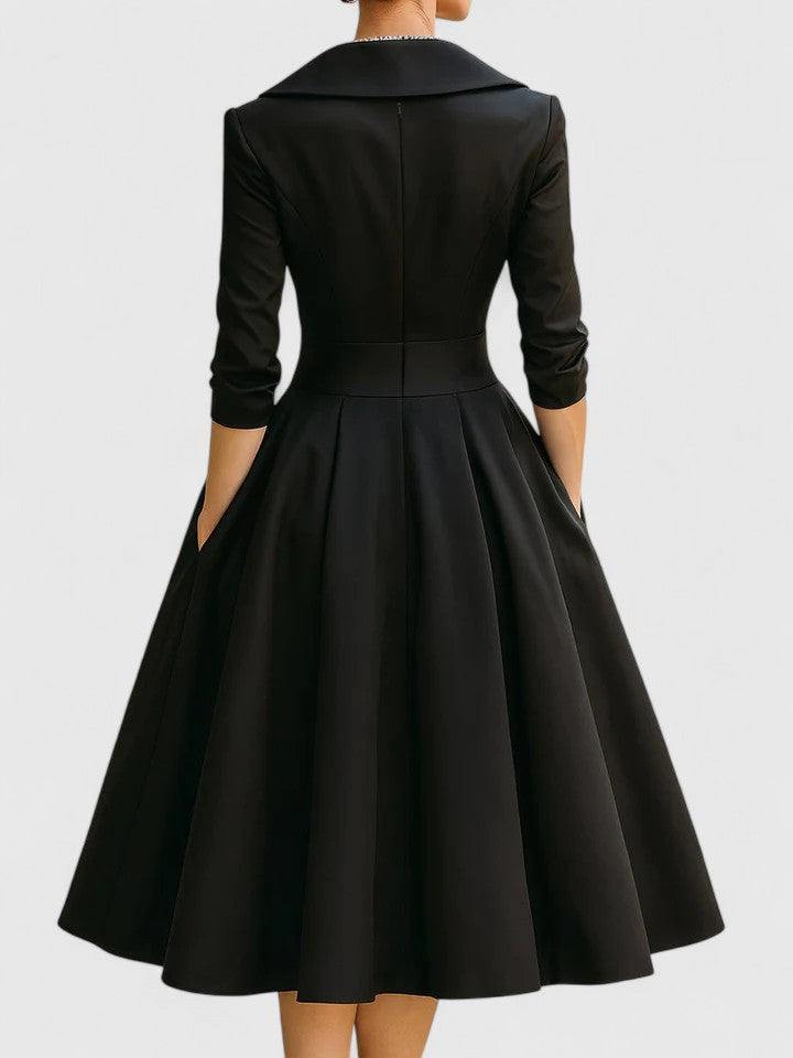 Sophisticated women's ruched A-line midi dress. Features an elegant wrap collar, perfect for formal evening events.