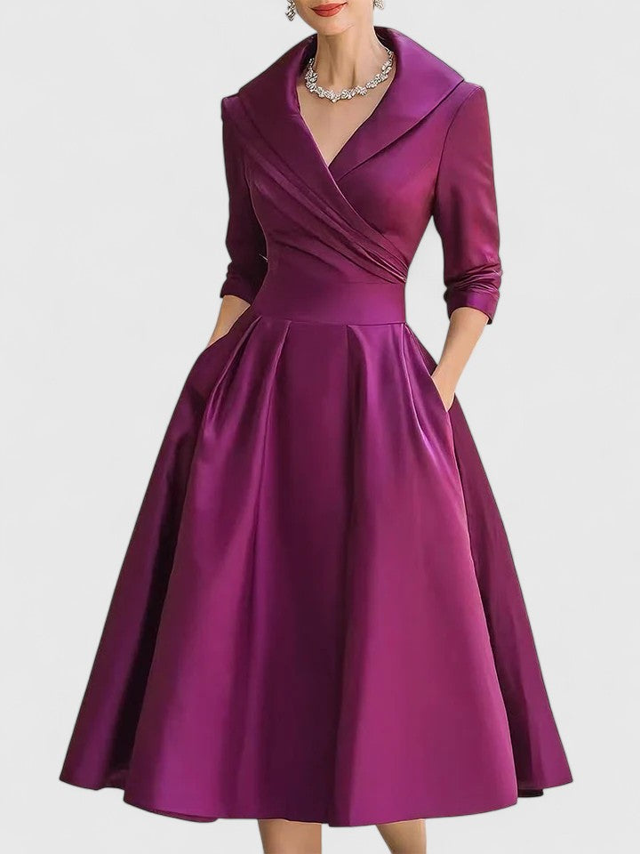 Women's elegant ruched A-line midi dress. Perfect wedding guest, formal, party, evening gown, or cocktail dress.