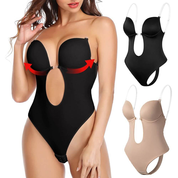 Women's seamless deep V backless body shaper for elegant formal wear. Tummy control shapewear for smooth silhouette.