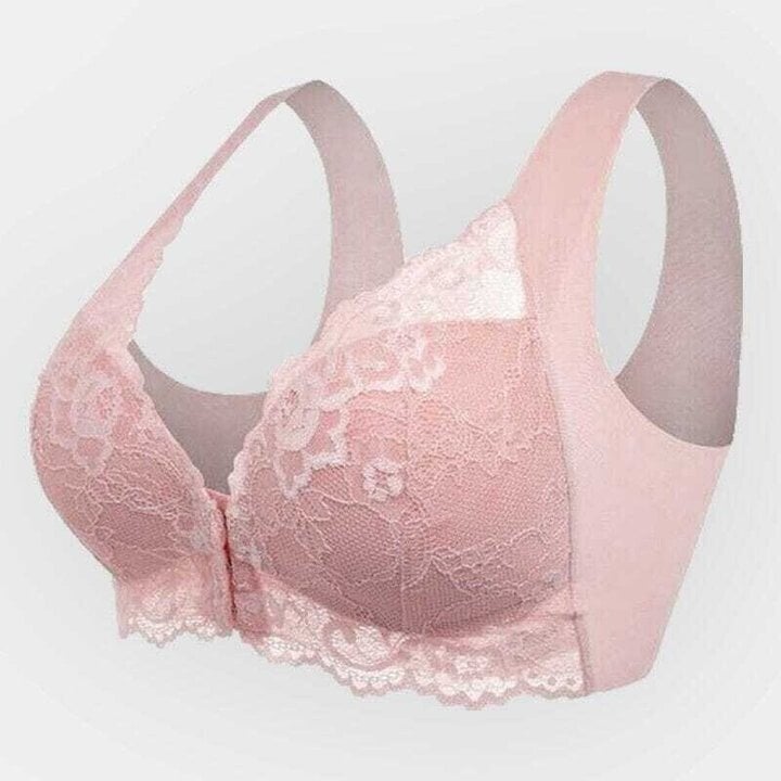 Front closure lace sports bra, seamless & wireless. Offers posture support for everyday comfort & workouts.