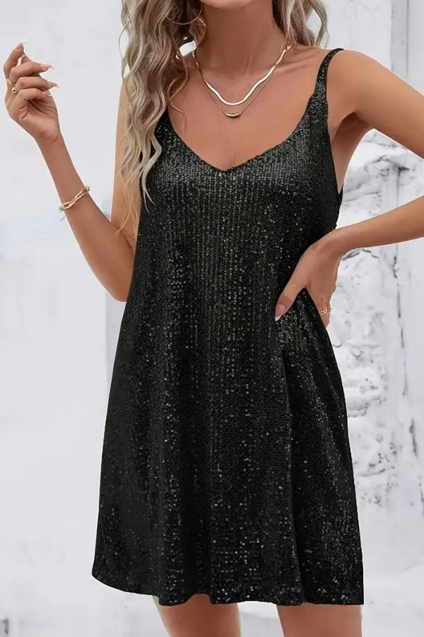 Sequin-embellished women's V-neck mini dress with a playful swing skirt, ideal for parties & events.