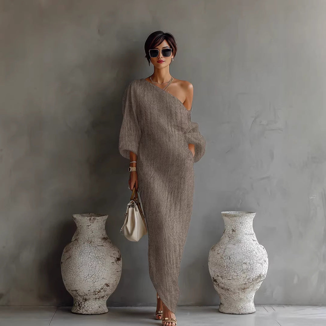 Casual yet elegant women's maxi dress with slanted neck & lantern sleeves. Versatile for summer outings.