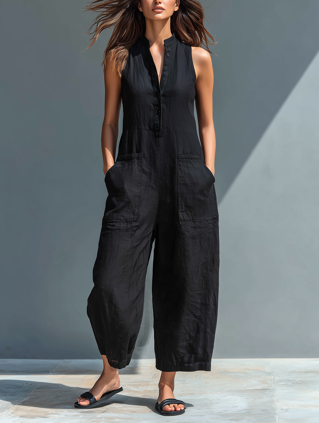 Women's sleeveless button-up jumpsuit with stand collar, ideal for casual summer style.