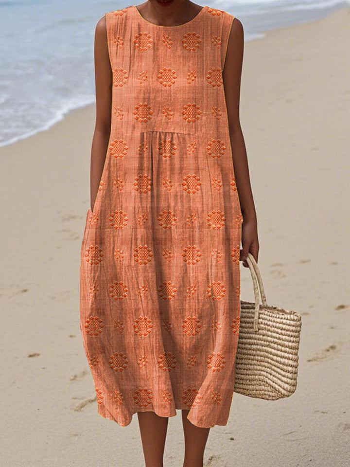 Flowy elegant women's midi dress, sleeveless & round neck for comfortable, stylish casual summer everyday wear.