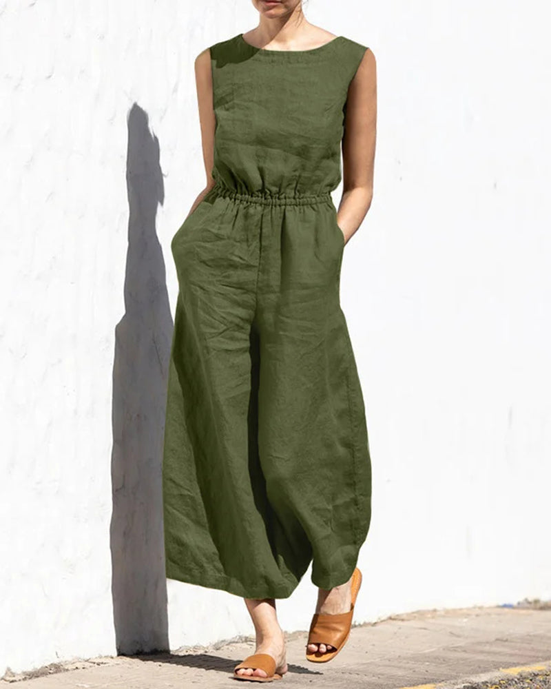 Women's sleeveless wide leg jumpsuit. Effortless, comfortable, and chic one-piece for summer fashion.