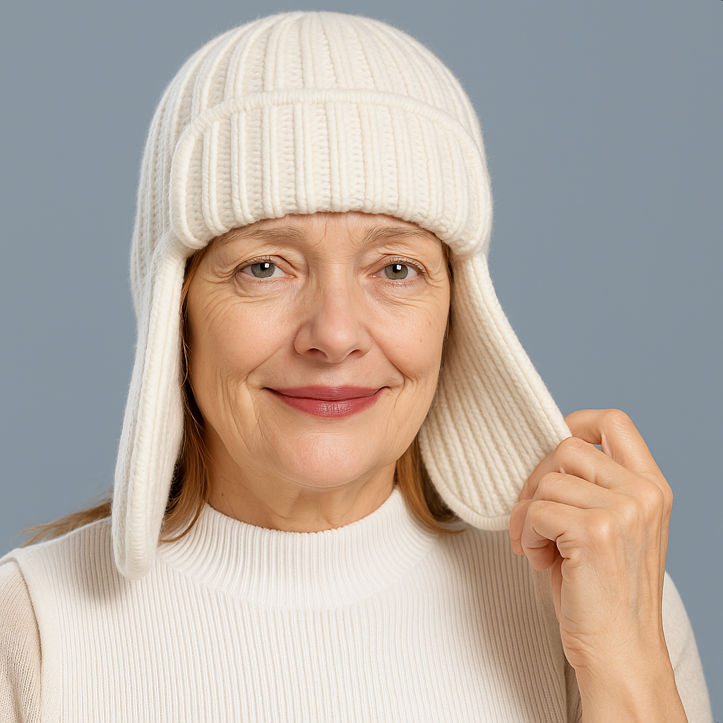 Front view of a women's cozy knit beanie, crafted from a premium cashmere blend.