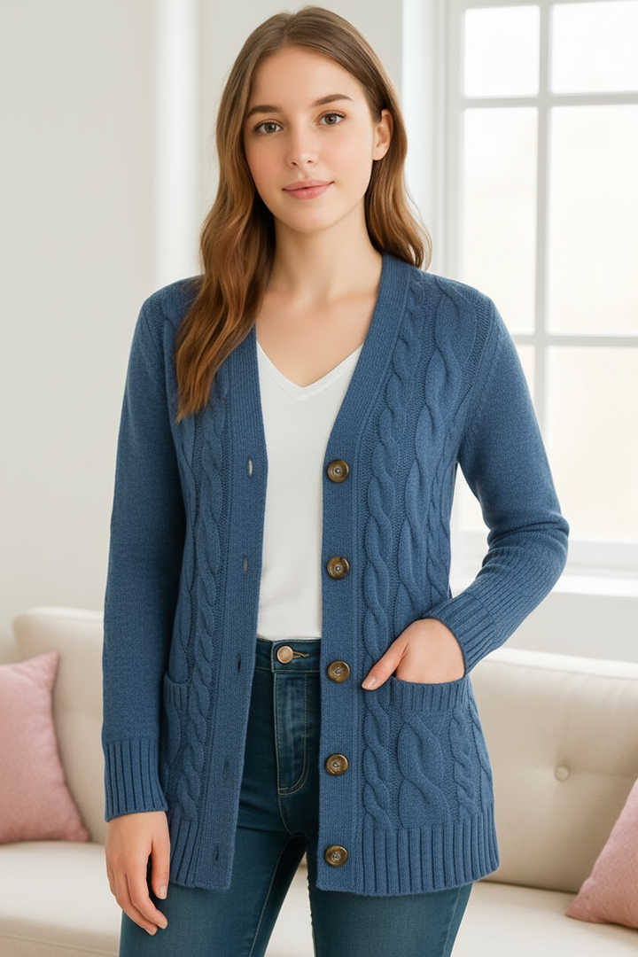 Women's soft yellow cable knit cardigan, perfect for spring layering and casual comfort
