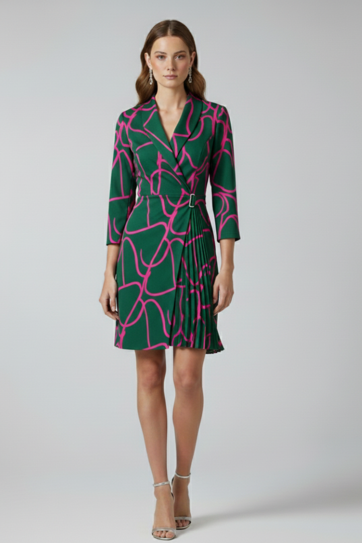 Elegant women's office wear blazer dress, tailored with a notched collar for a sharp, professional statement.