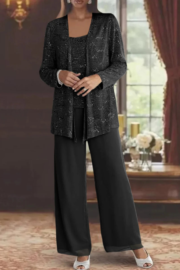Sparkling sequin party outfit for women: a chic 3-piece pant set, ideal for special occasions.