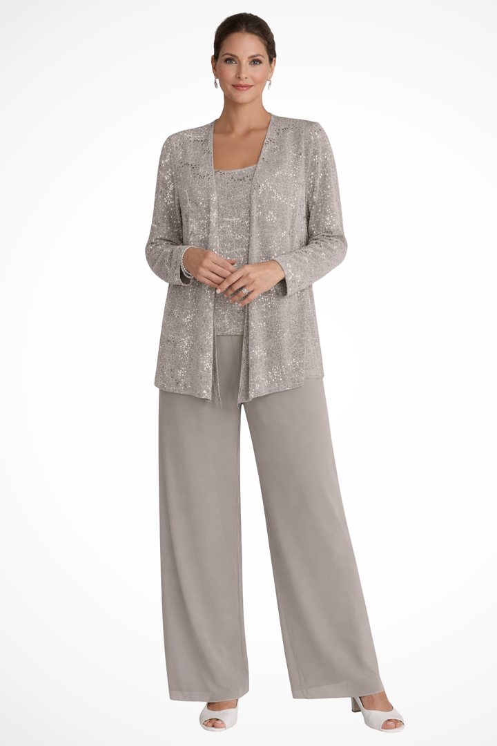 Dazzling women's sequin evening wear pant set, a glamorous 3-piece outfit for formal events.