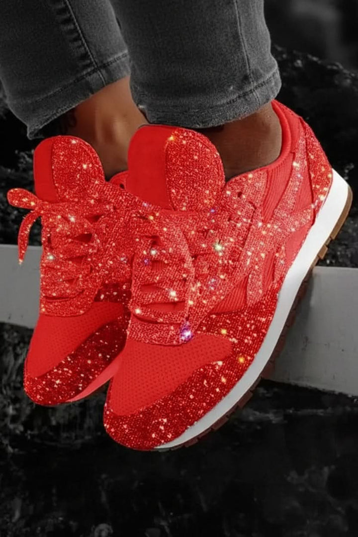 Laces on women's trendy glitter sneakers, adding to the dazzling comfort and fashion footwear look.