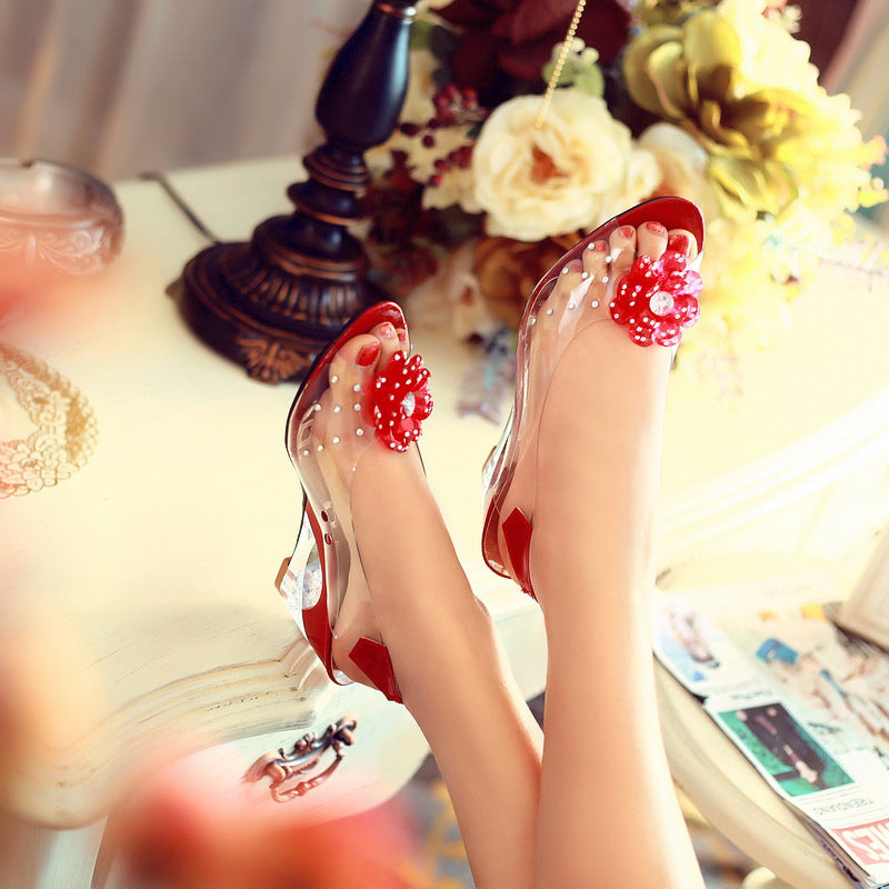 Slip-on, open-toe women's sparkling wedge sandals. Fashionable and comfortable summer footwear.