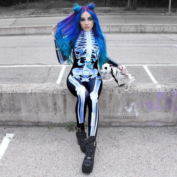 Women's skull print long-sleeve bodysuit, a stylish and comfortable Halloween party outfit.