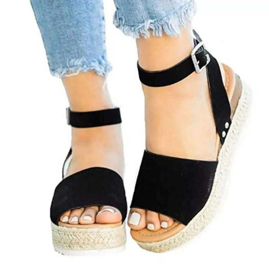 Comfortable women's flatform sandals with secure buckle ankle strap, great for walking