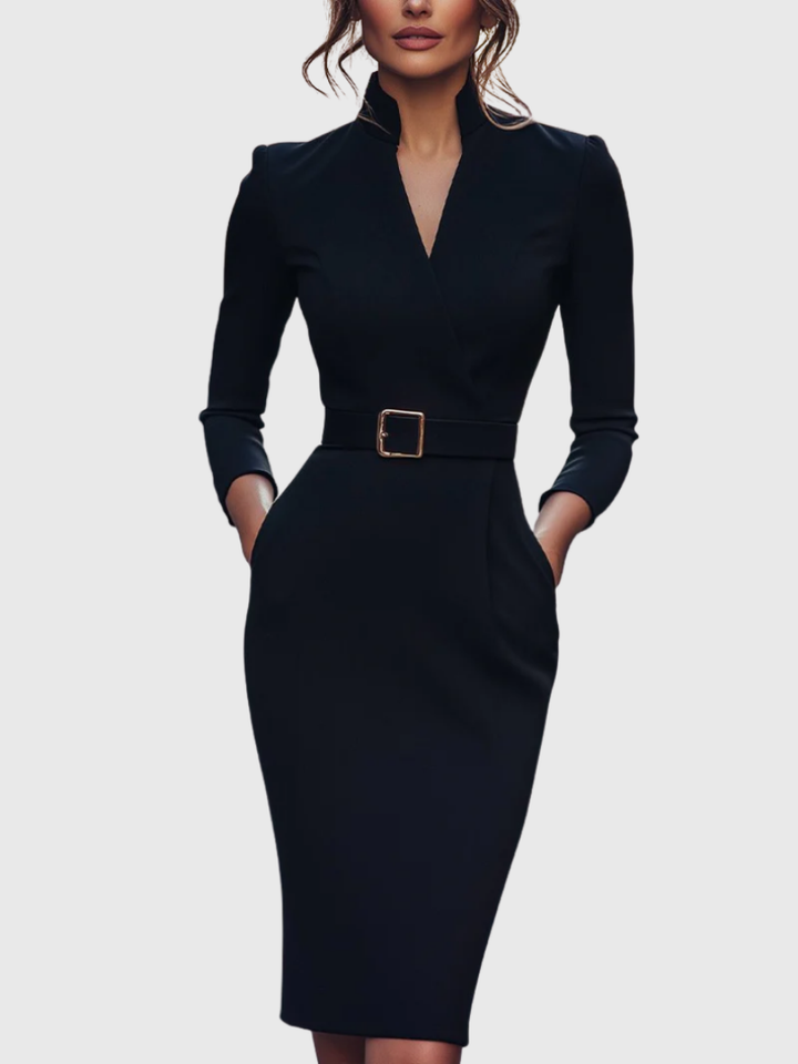 Women's stretch belted wrap V-neck pencil midi dress, perfect for elegant occasions.