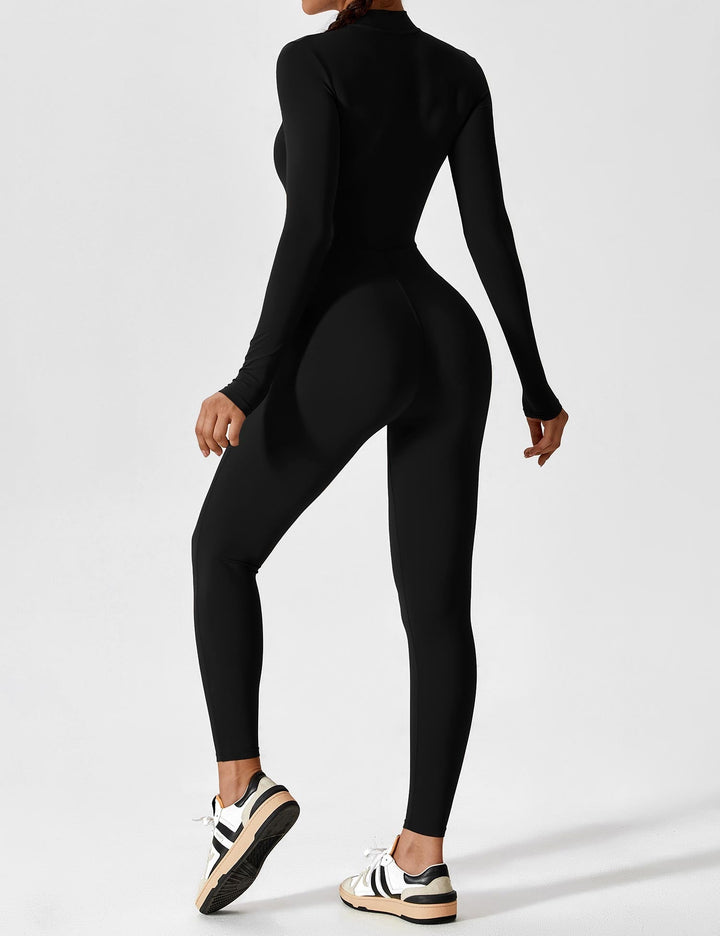 Full-length view of a women's versatile stretchy jumpsuit with a front zipper, perfect for spring fashion