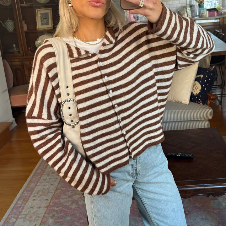 Women's striped button-front knit cardigan, perfect for fall layering & casual chic everyday wear.