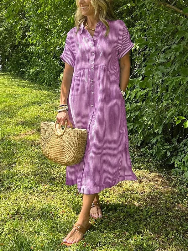 Comfortable women's striped button-up midi dress, perfect for effortless spring & summer style.