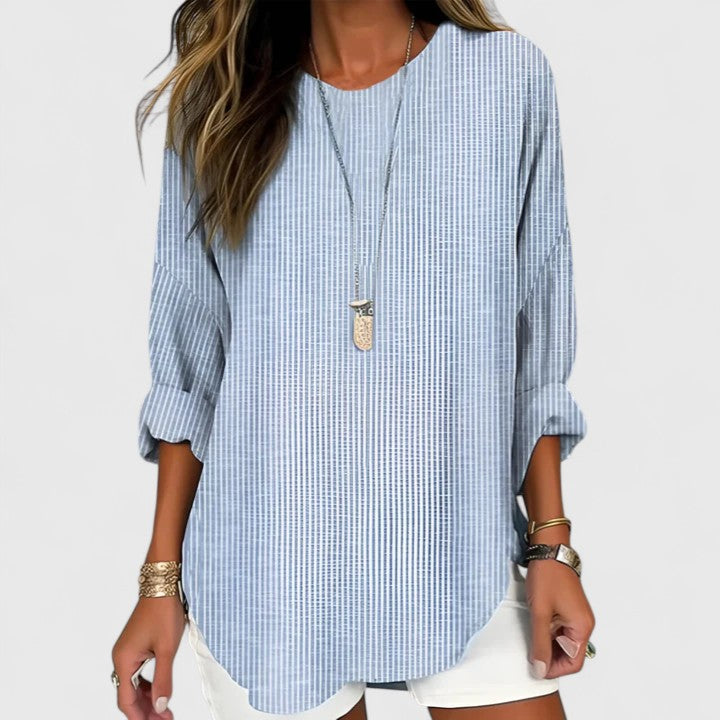 Elegant women's striped blouse, a comfortable crew neck top for ladies. Perfect for work wear or casual chic style.