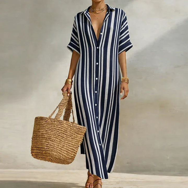 Flowy women's striped long shirt dress, comfortable everyday V-neck style with three-quarter sleeves.
