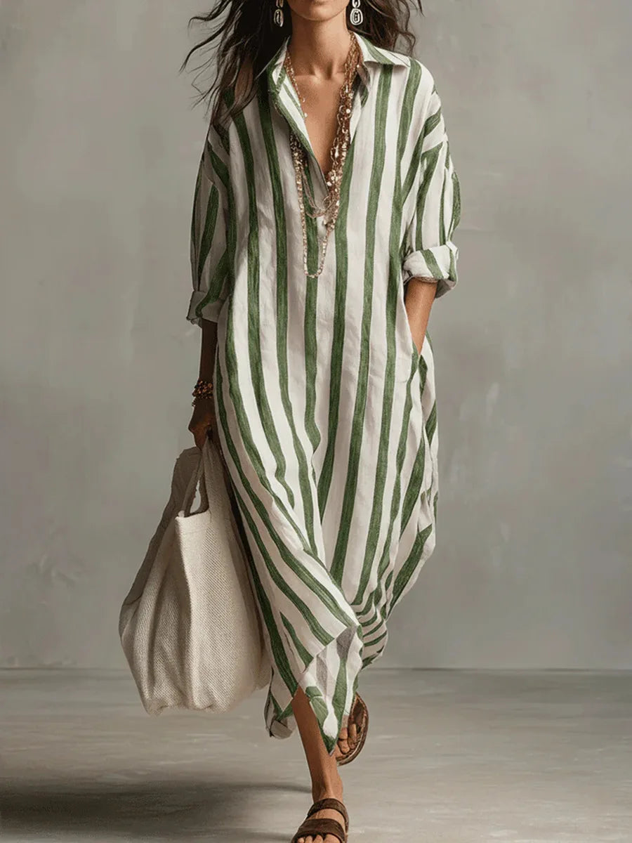 Women's long striped shirt dress with a relaxed fit, great for summer vacations and beach days.