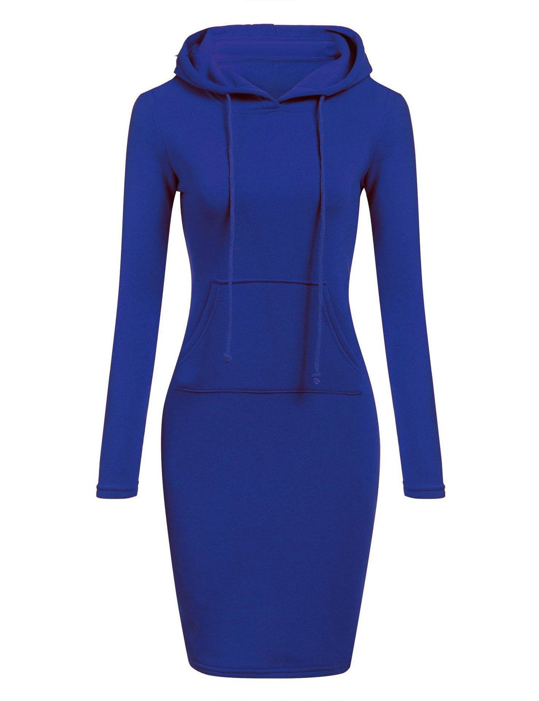 Slim fit women's pullover hoodie dress in a striped pattern, falling to the knee, with a front pocket.