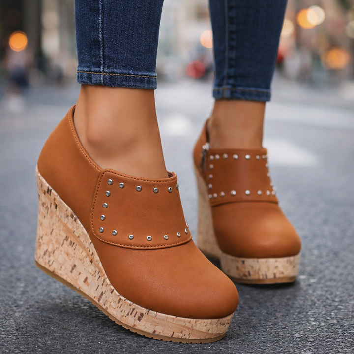 Women's Studded Cork Wedge Sandals with leather straps, perfect for summer casual wear