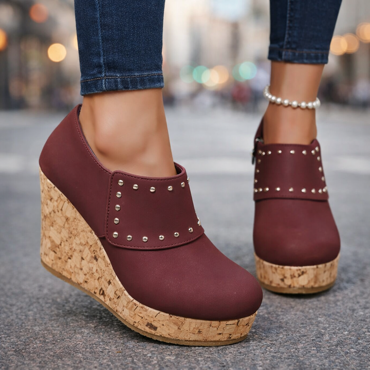 View of the comfortable orthopedic insole in Women's Studded Cork Wedge Sandals for all-day wear