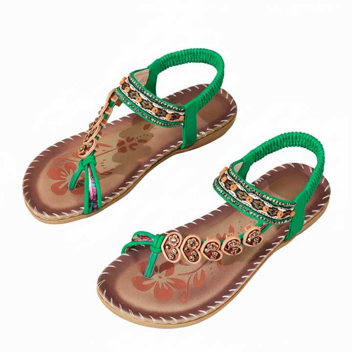 Stylish women's flat sandals, bohemian floral thong style, comfortable for summer and vacation.