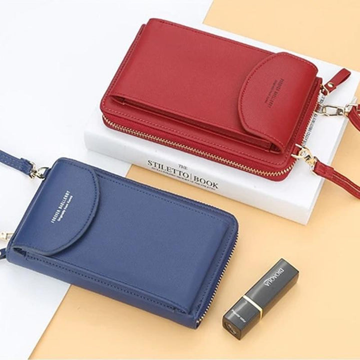 Close-up of the stitching details on the women's PU leather crossbody pouch