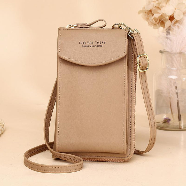 Detail of the secure zipper closure on the women's portable crossbody pouch wallet