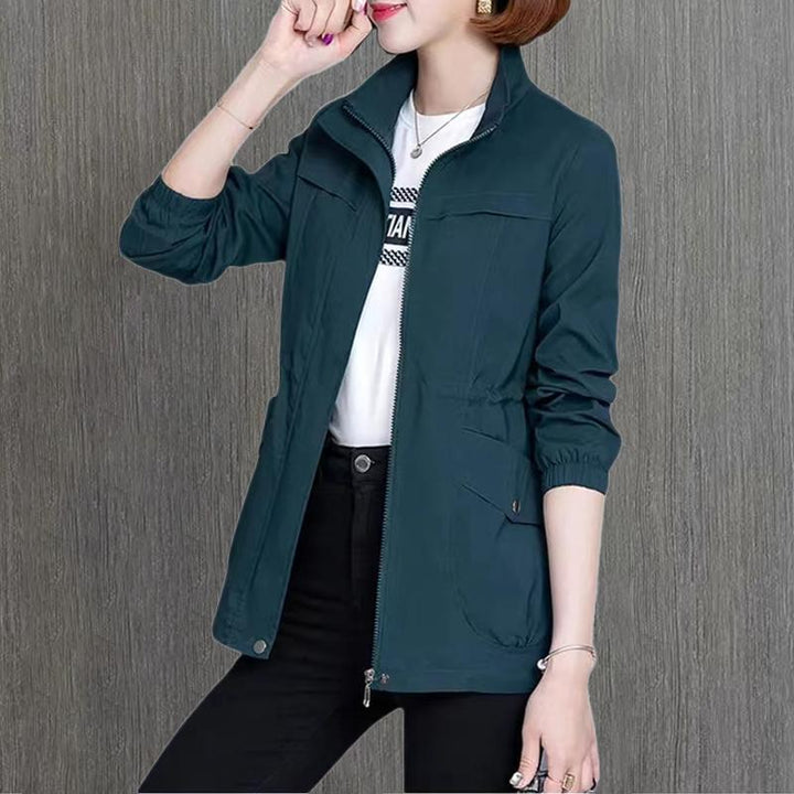 Stylish women's stand-up collar jacket for autumn. Casual outerwear, perfect for daily fashion.