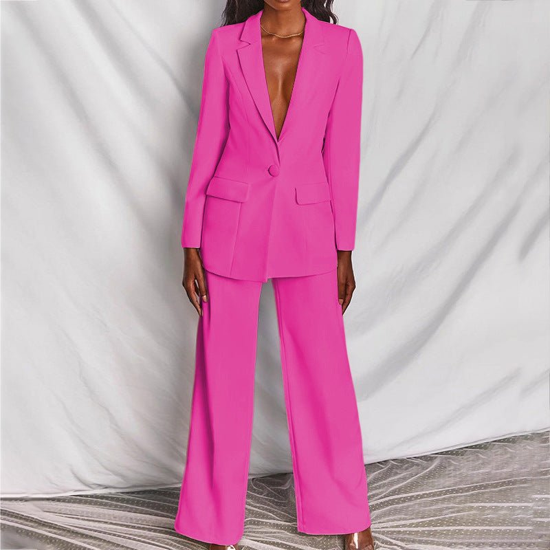 Fashionable women's tailored blazer & trousers matching set, a chic & modern choice for professional dress.