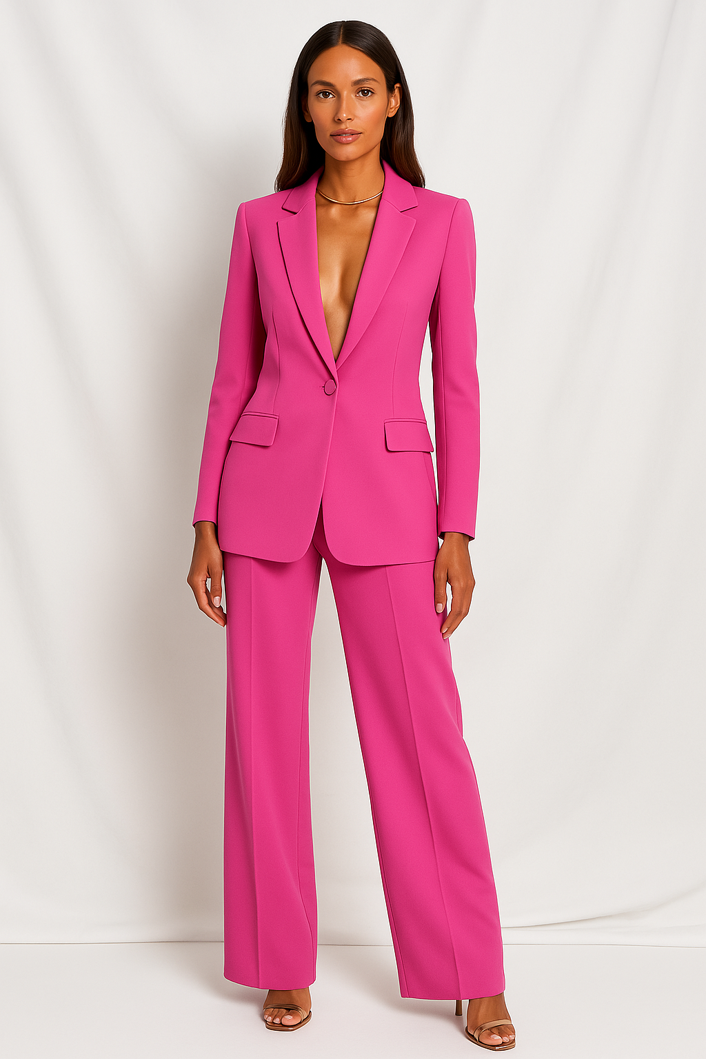 Chic women's tailored suit set with a flattering blazer & modern wide leg trousers for a fashionable appeal.