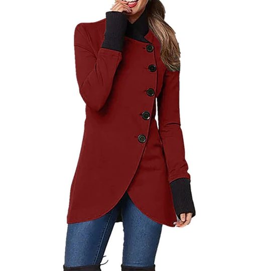 Modern women's intermediate jacket with a unique asymmetric button closure. Ideal for tailored fall and spring outfits.
